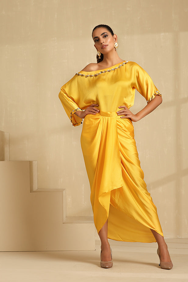 Draped Skirt Dhoti with off Shoulder Embroidery Top Set-yellow