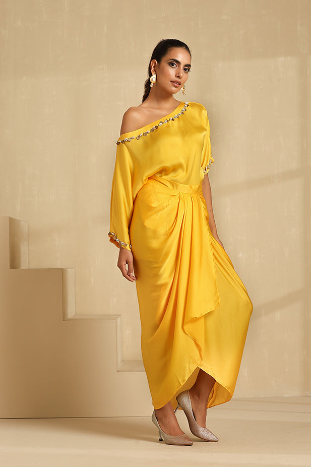 Draped Skirt Dhoti with off Shoulder Embroidery Top Set-yellow
