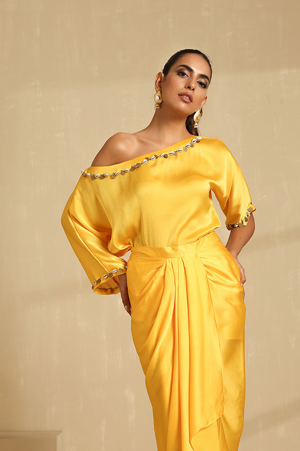 Draped Skirt Dhoti with off Shoulder Embroidery Top Set-yellow