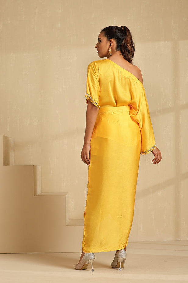Draped Skirt Dhoti with off Shoulder Embroidery Top Set-yellow