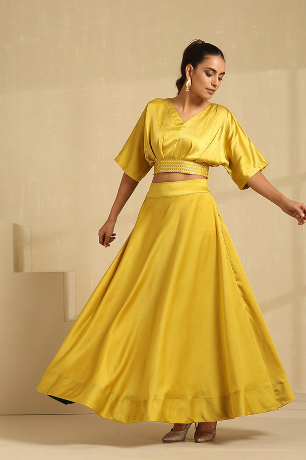 Ballon Top And Lehenga Set-Mustured Yellow