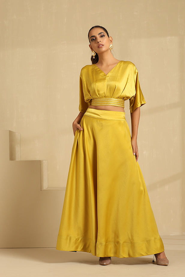 Ballon Top And Lehenga Set-Mustured Yellow