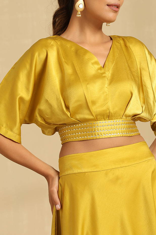 Ballon Top And Lehenga Set-Mustured Yellow