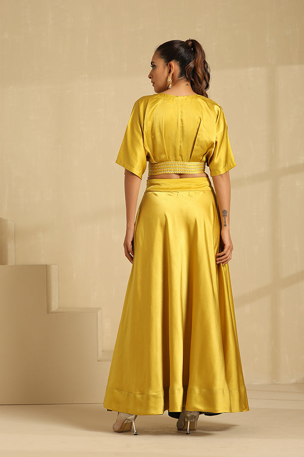 Ballon Top And Lehenga Set-Mustured Yellow