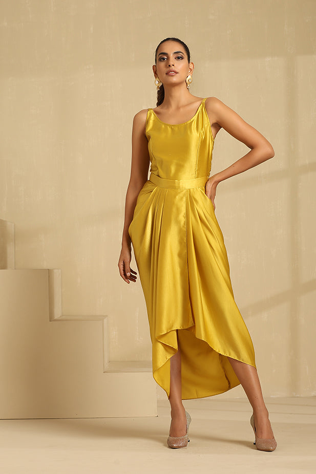 Drape Skirt Coat Set-Mustered yellow