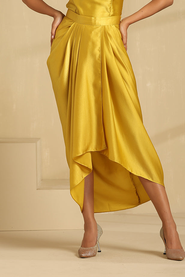 Drape Skirt Coat Set-Mustered yellow