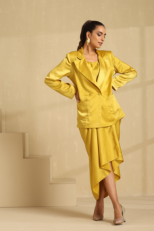 Drape Skirt Coat Set-Mustered yellow