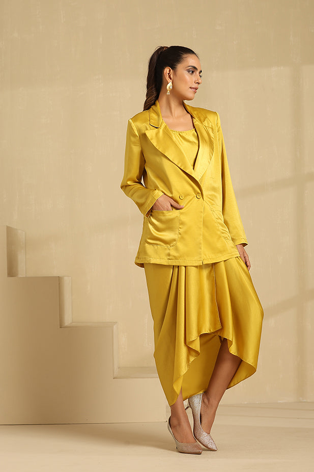 Drape Skirt Coat Set-Mustered yellow