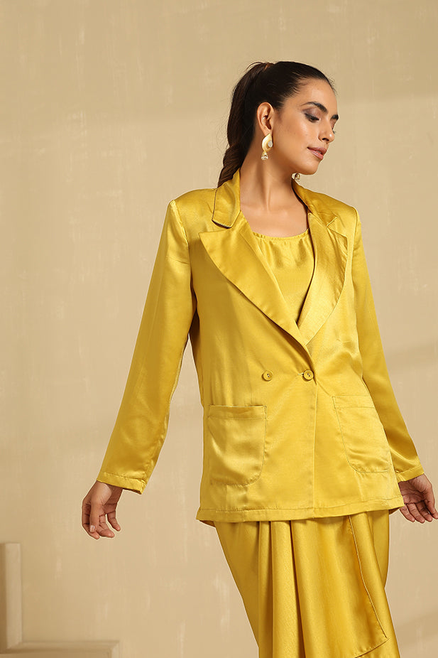Drape Skirt Coat Set-Mustered yellow