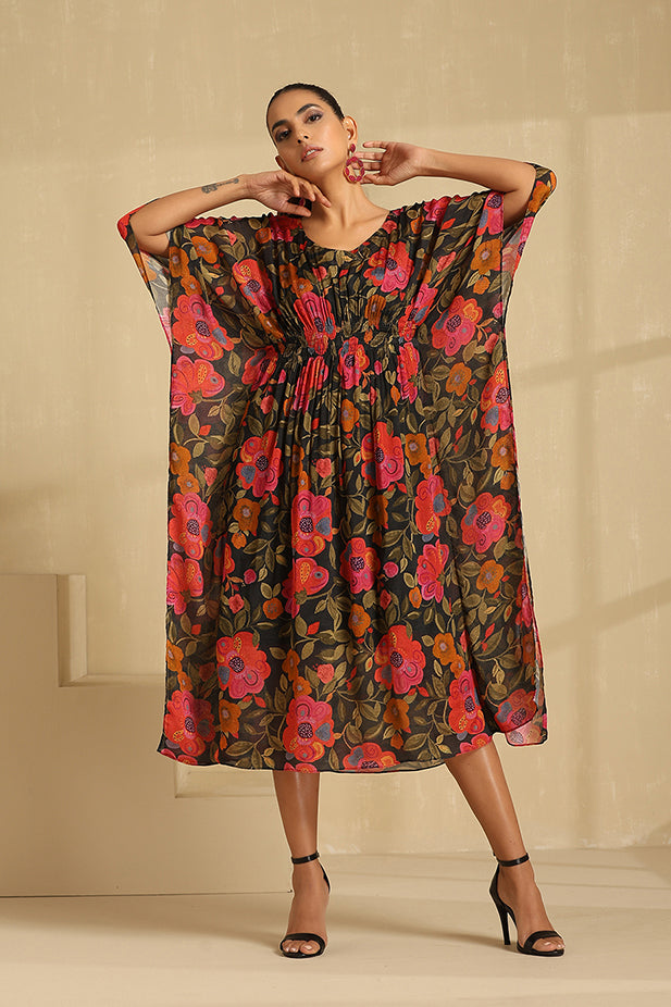 Black Floral Print chiffon  Kaftan