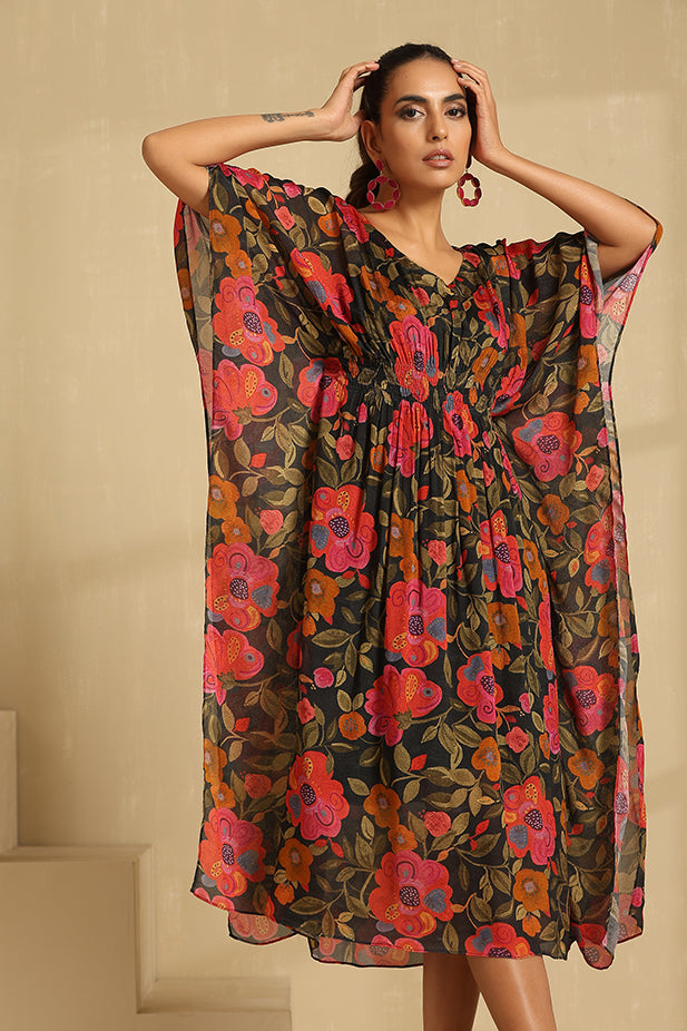 Black Floral Print chiffon  Kaftan