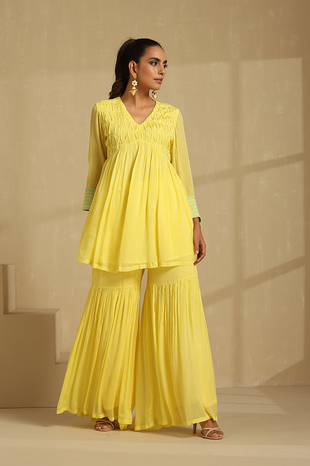 Pure Chinon Sharara Short Kurta Set-Yellow