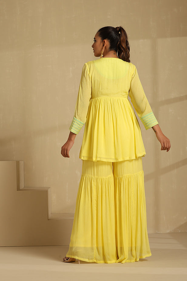Pure Chinon Sharara Short Kurta Set-Yellow