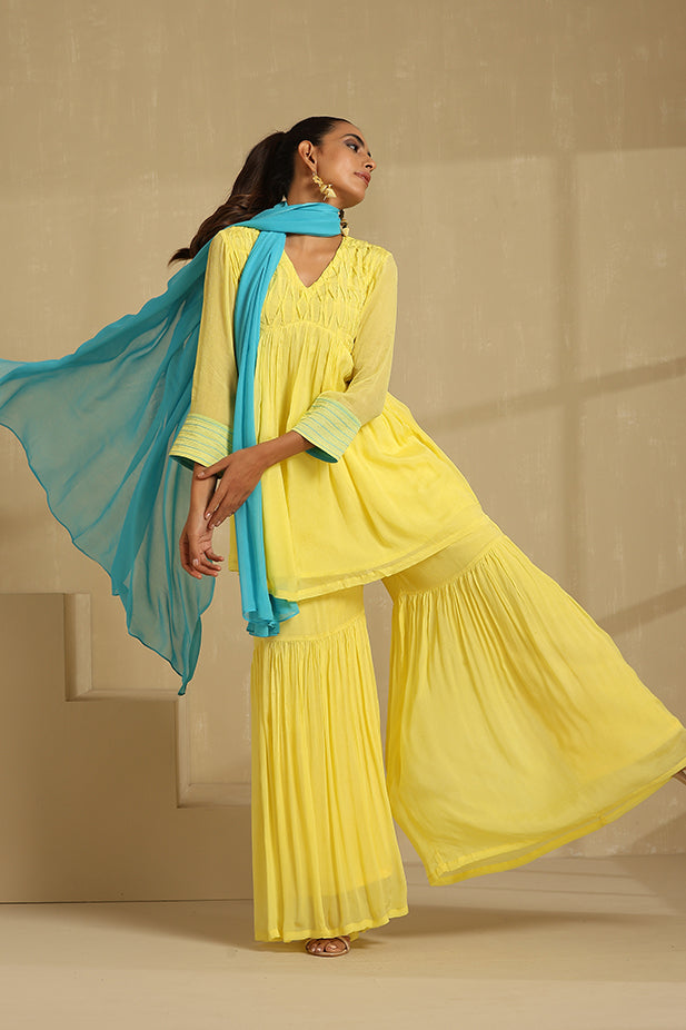 Pure Chinon Sharara Short Kurta Set-Yellow