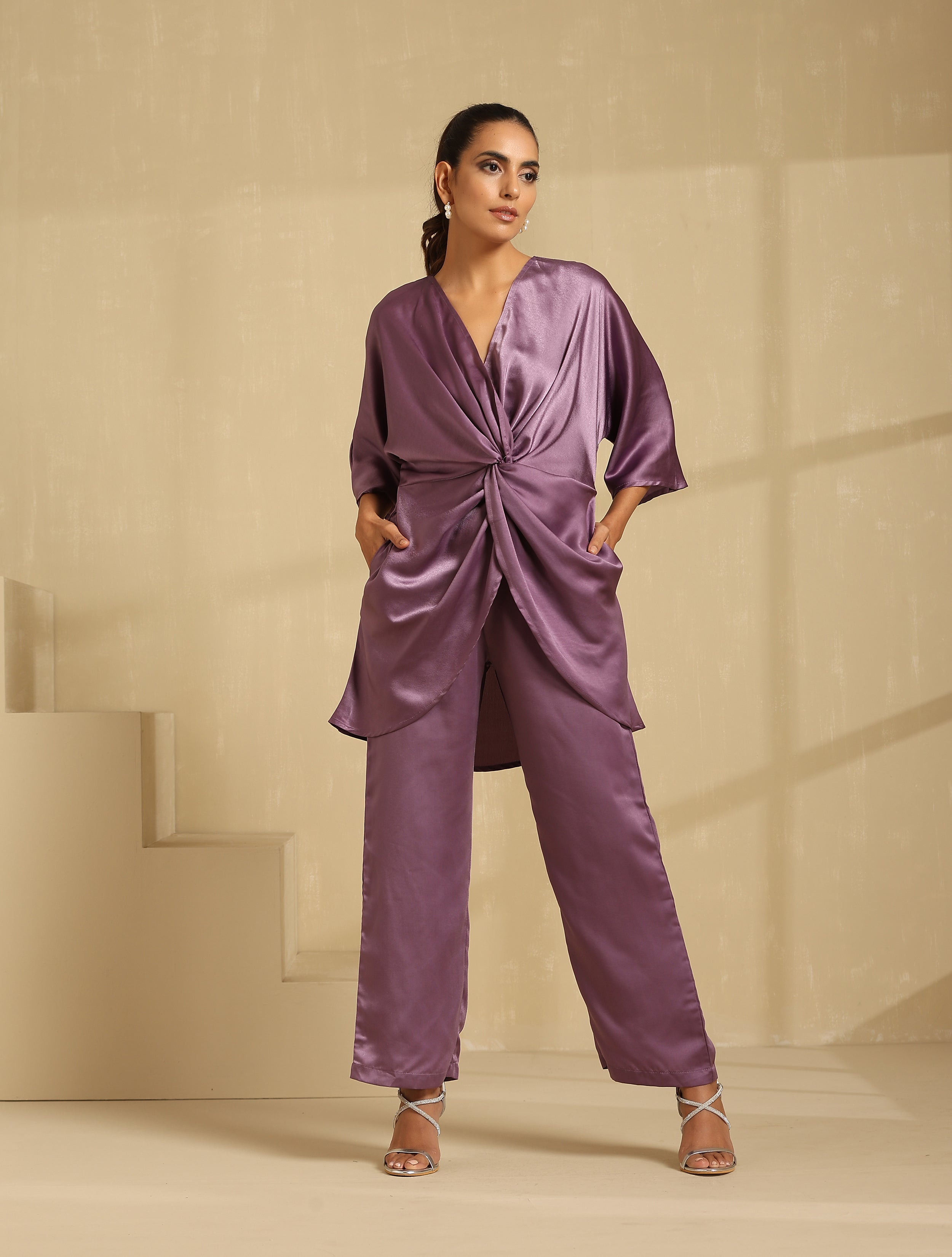 Luxery Satin Knoted Top Co-ord Set- Purple