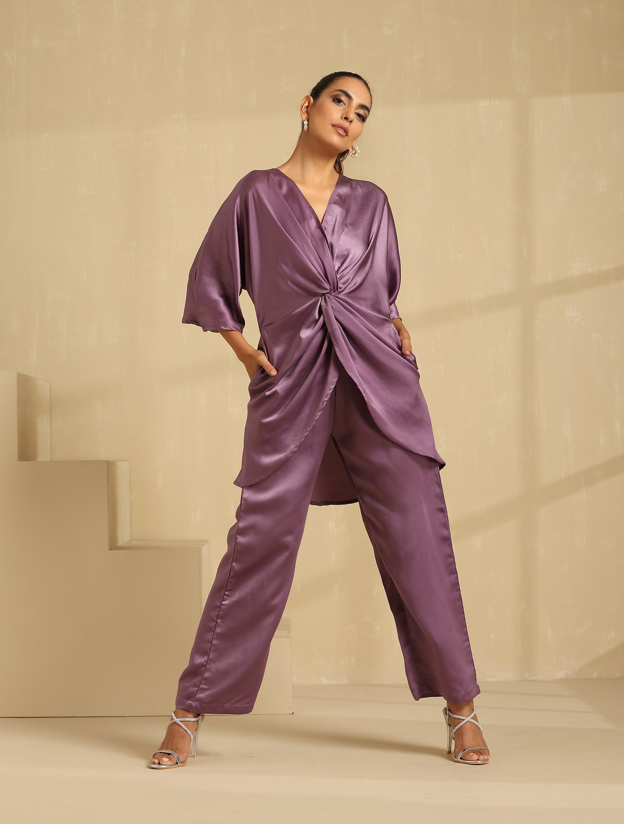 Luxery Satin Knoted Top Co-ord Set- Purple