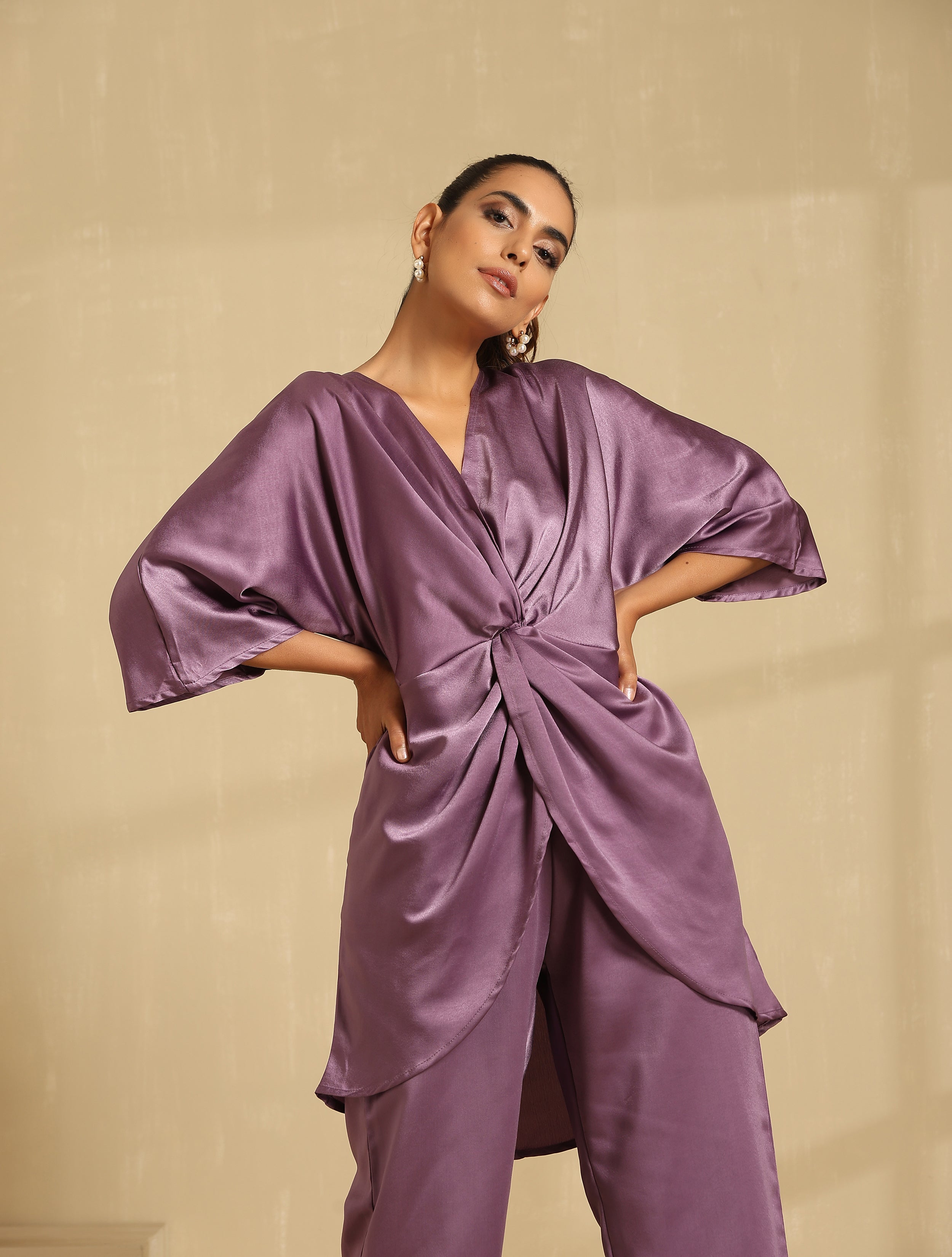 Luxery Satin Knoted Top Co-ord Set- Purple