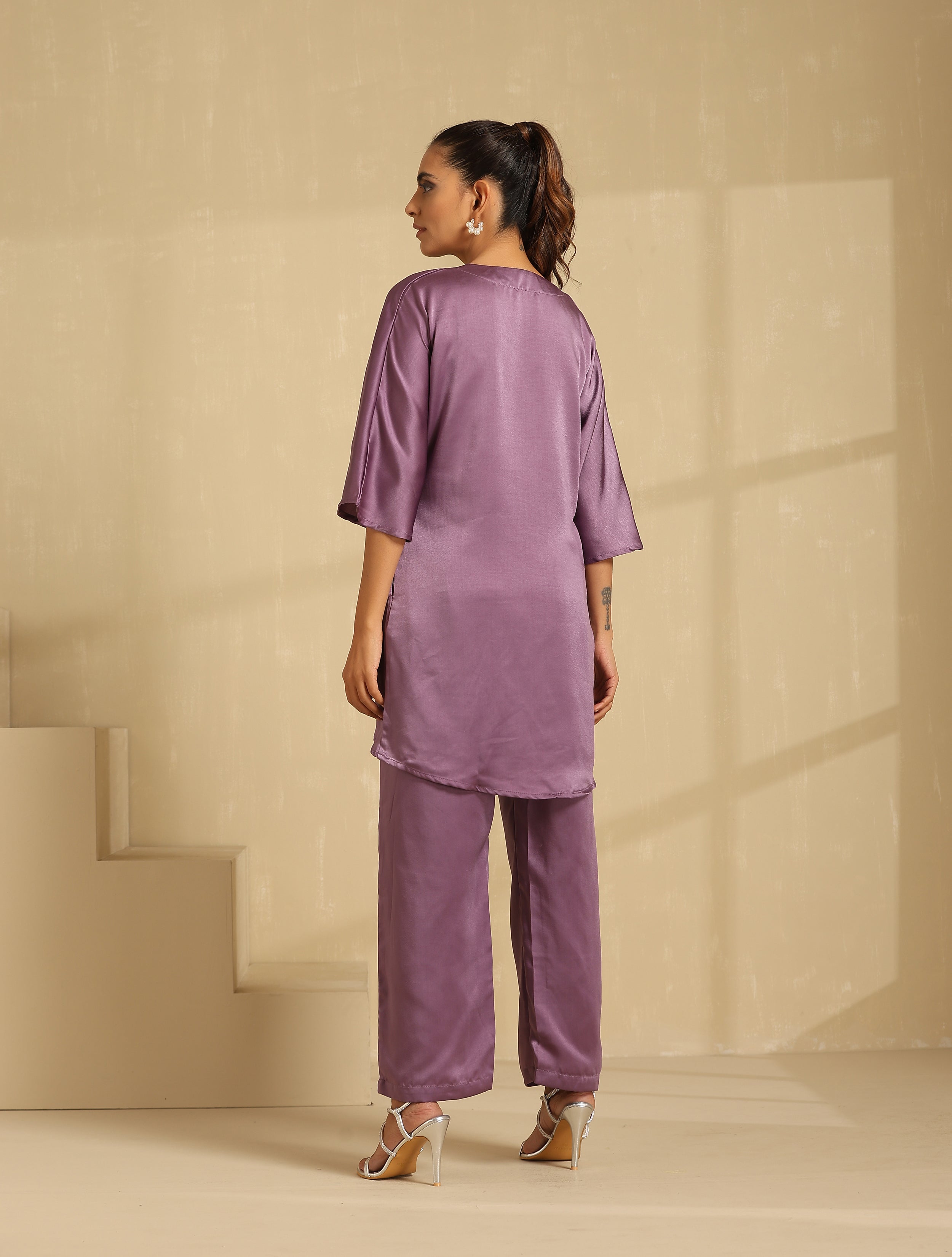 Luxery Satin Knoted Top Co-ord Set- Purple
