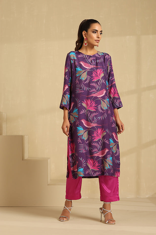 Muslin Silk Printed Straight Kurta Set-Purple