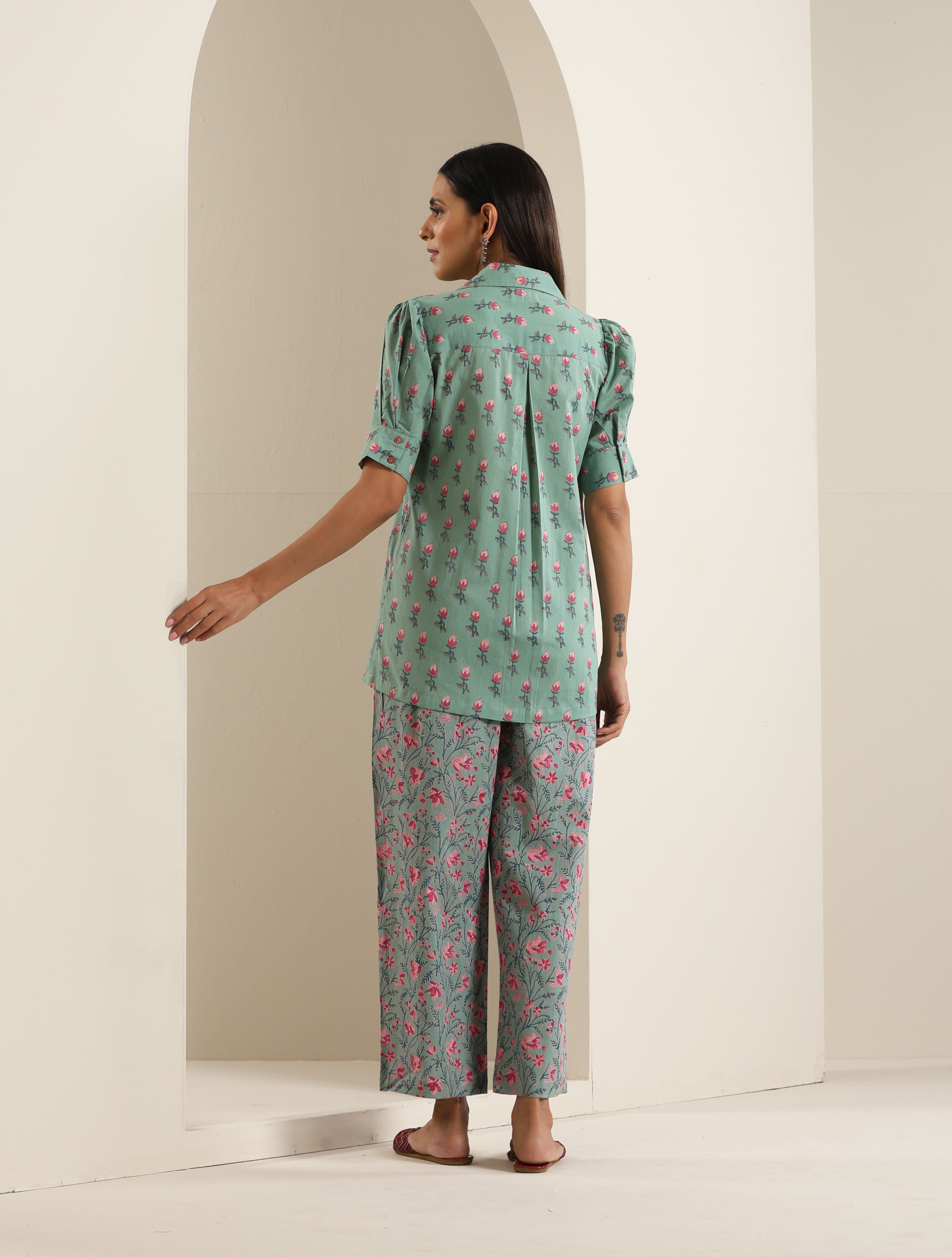 Hand Block Print Embroided Shirt Co-ord Set