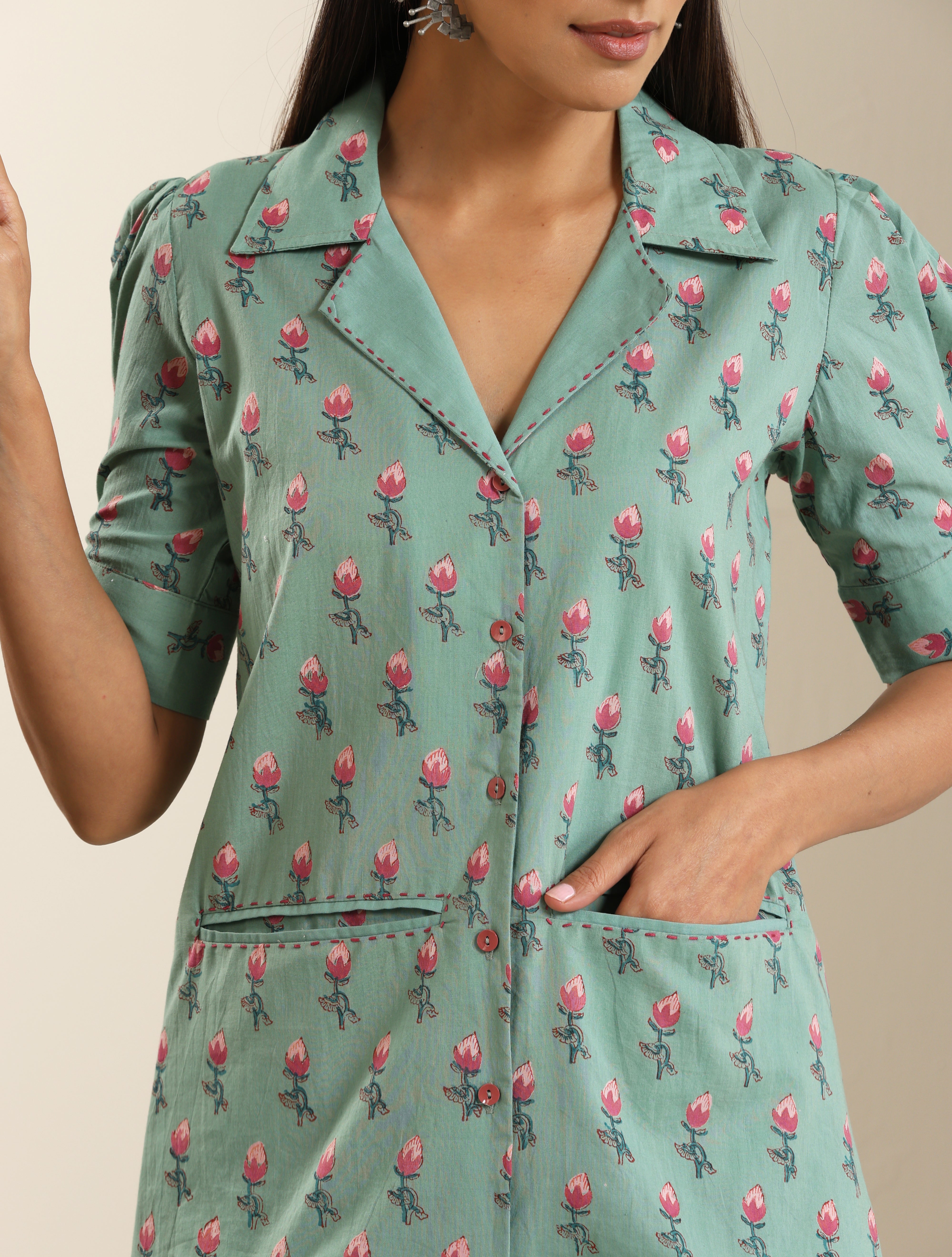 Hand Block Print Embroided Shirt Co-ord Set