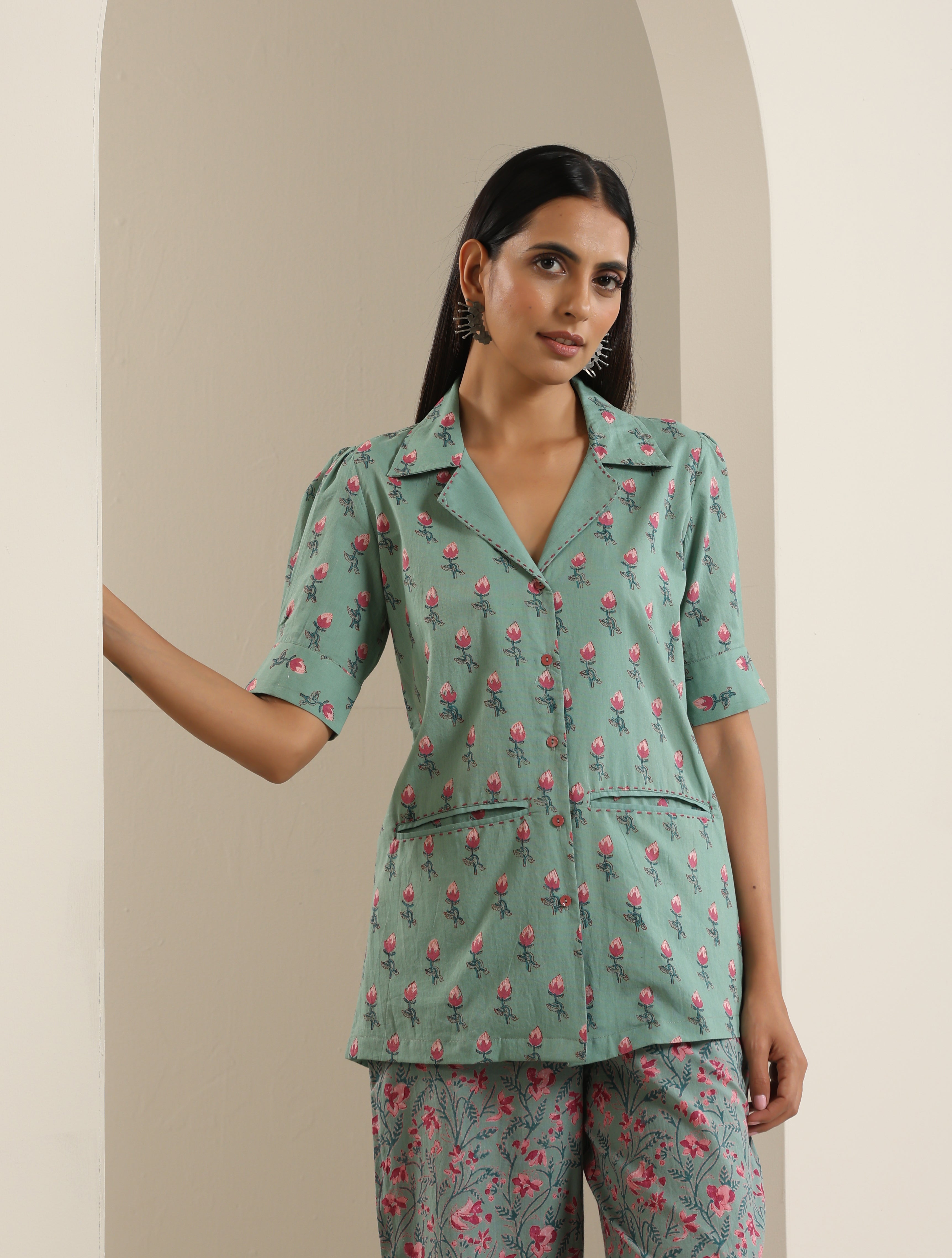 Hand Block Print Embroided Shirt Co-ord Set