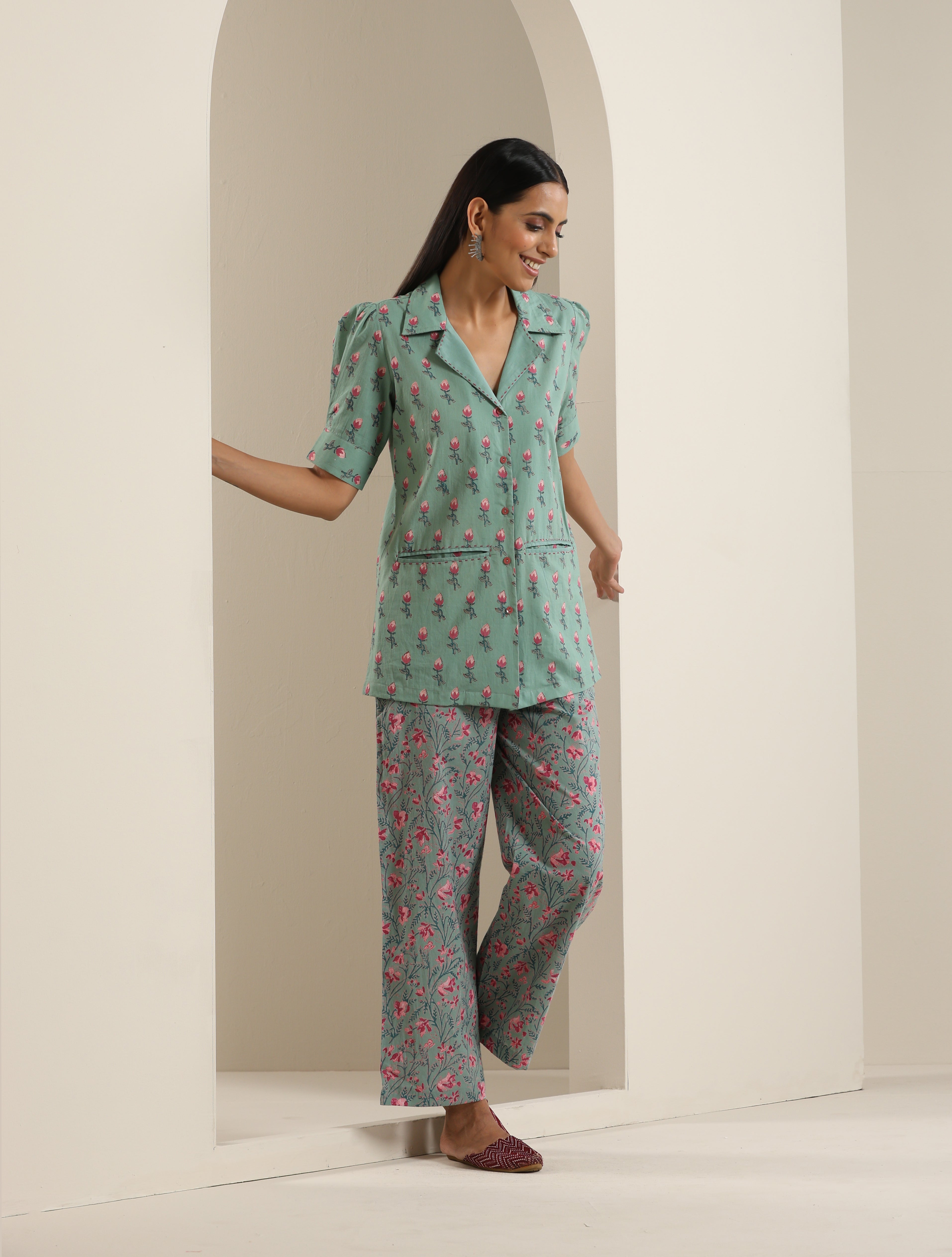 Hand Block Print Embroided Shirt Co-ord Set