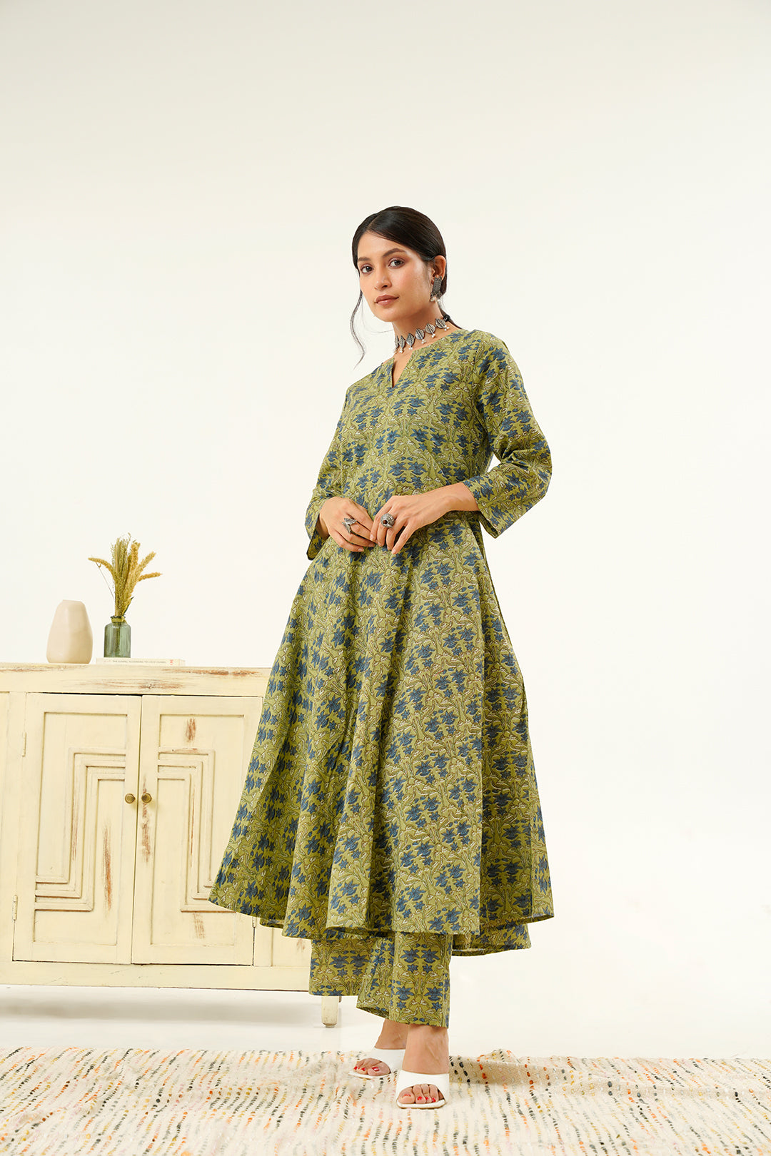 Anarkali olive green hand made printed kurti