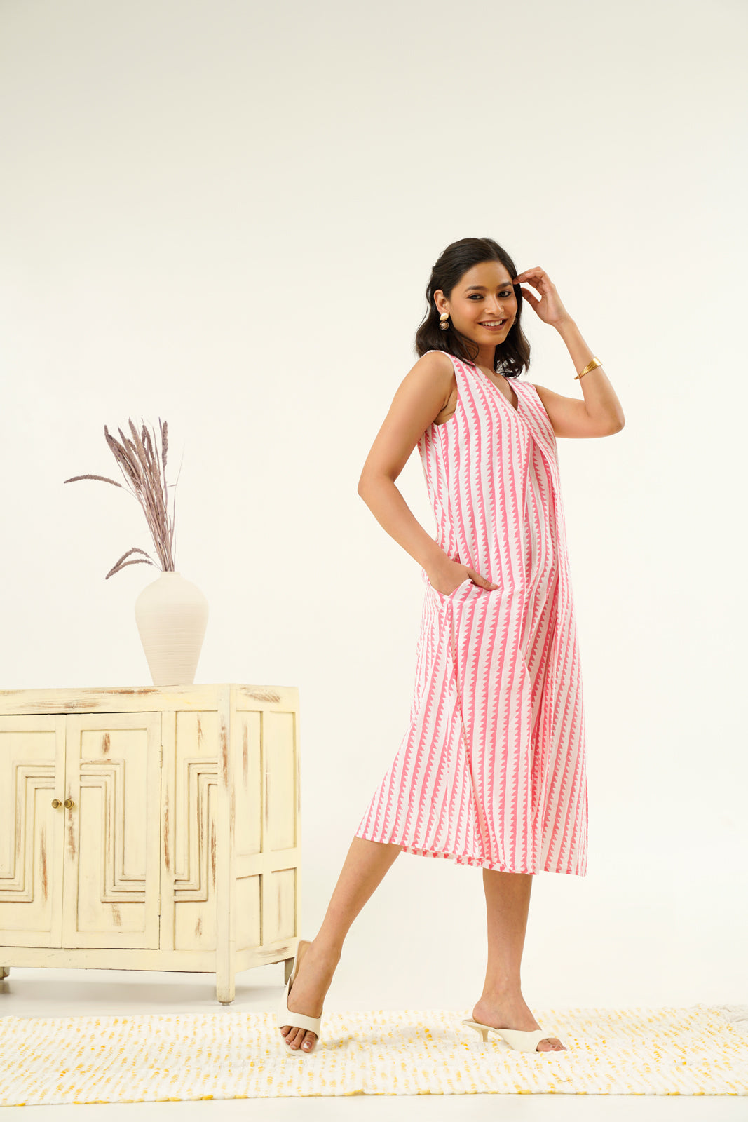 Cotton Block Print Midi Dress