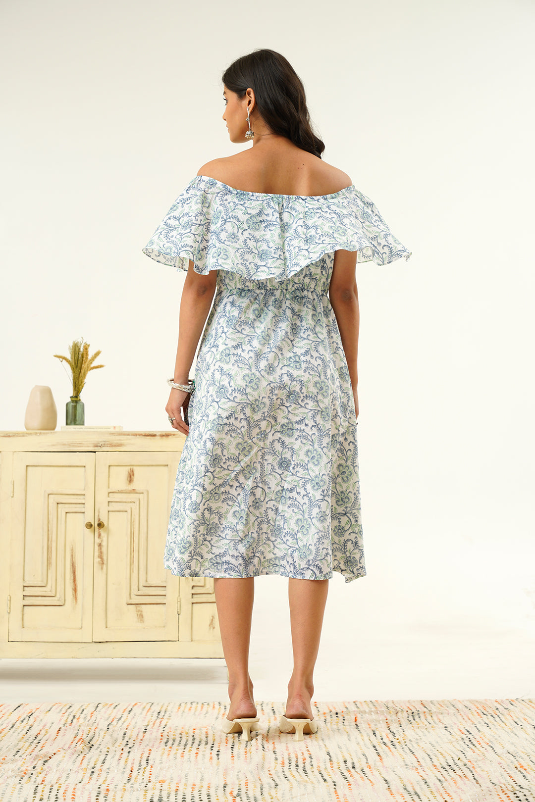 Ahaana Off Shoulder Hand Block Print Dress