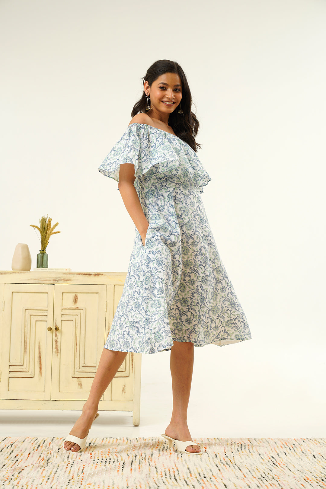 Ahaana Off Shoulder Hand Block Print Dress