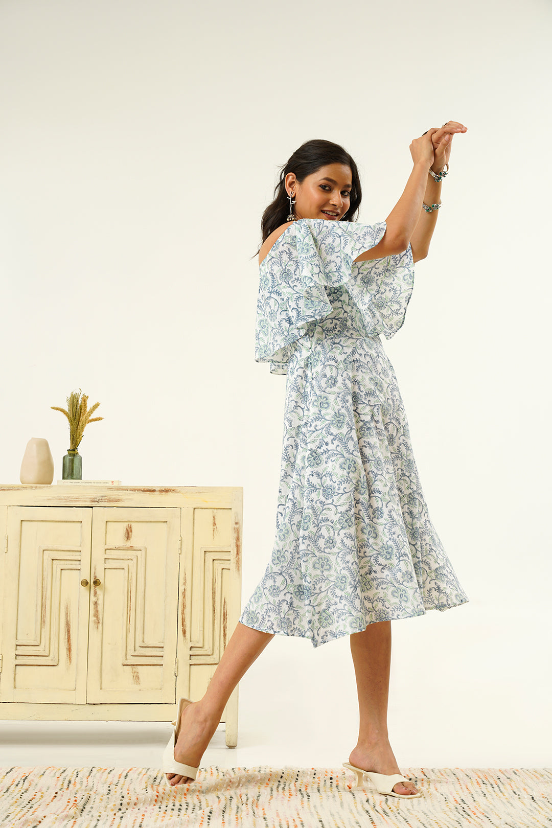 Ahaana Off Shoulder Hand Block Print Dress
