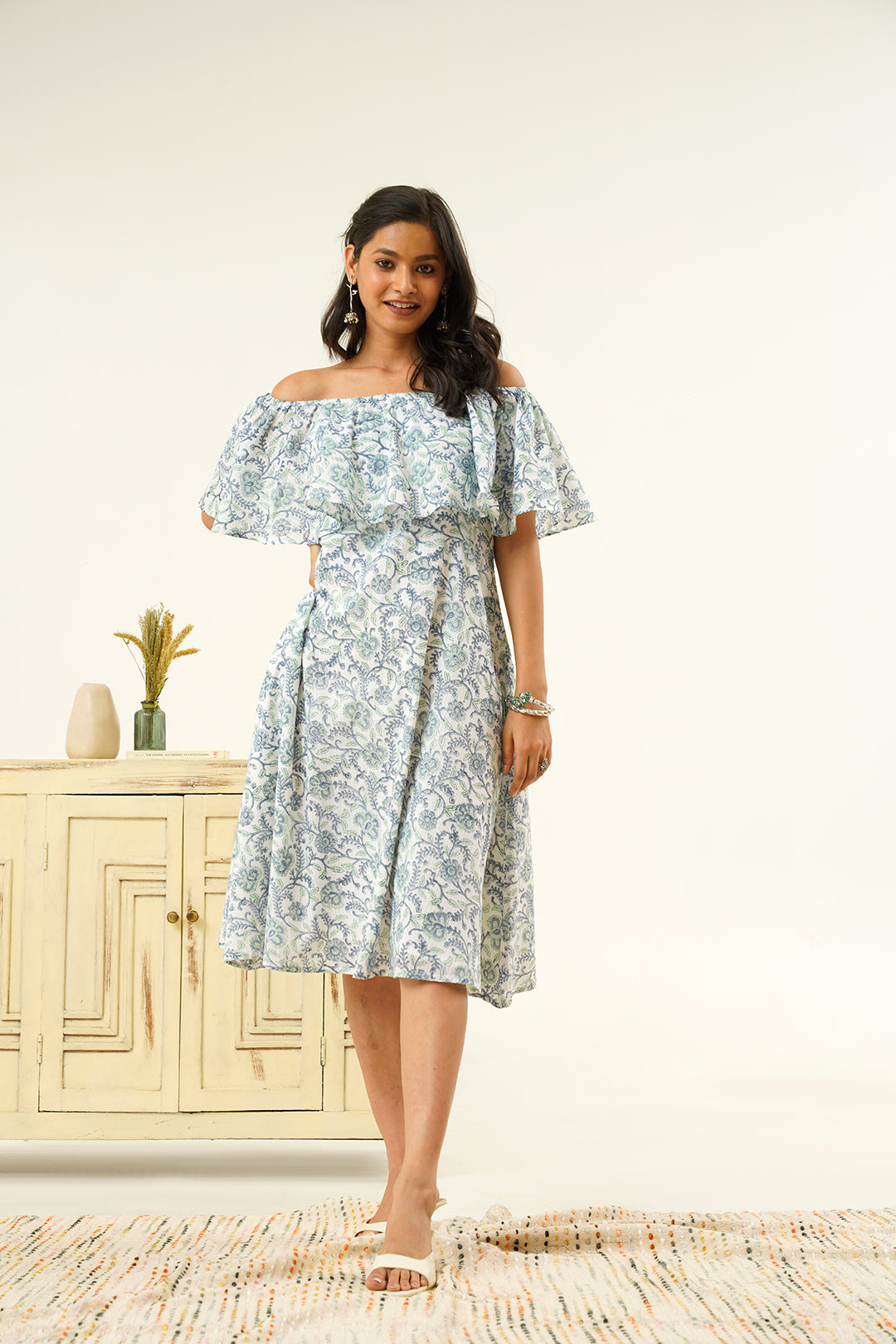 Ahaana Off Shoulder Hand Block Print Dress