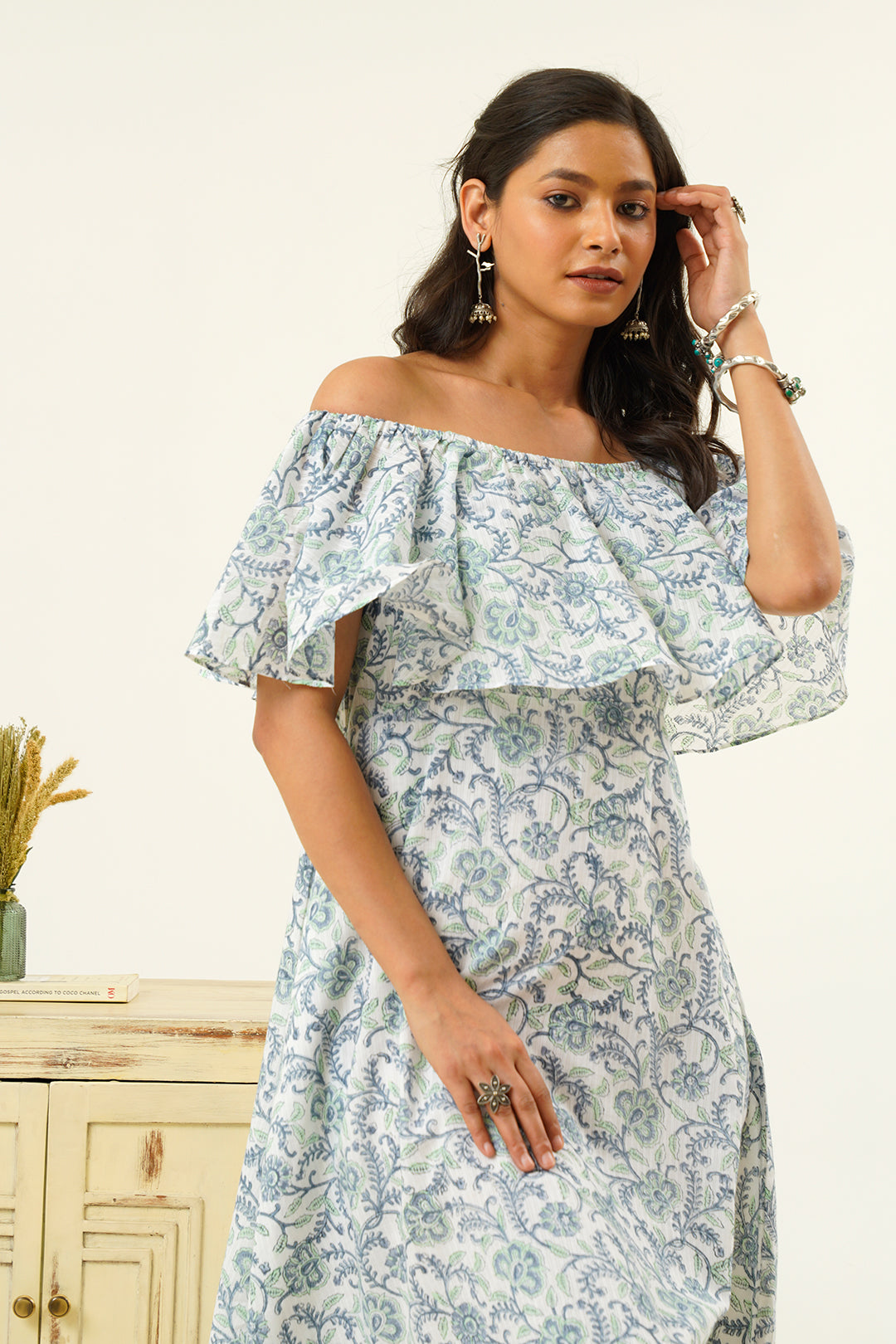 Ahaana Off Shoulder Hand Block Print Dress
