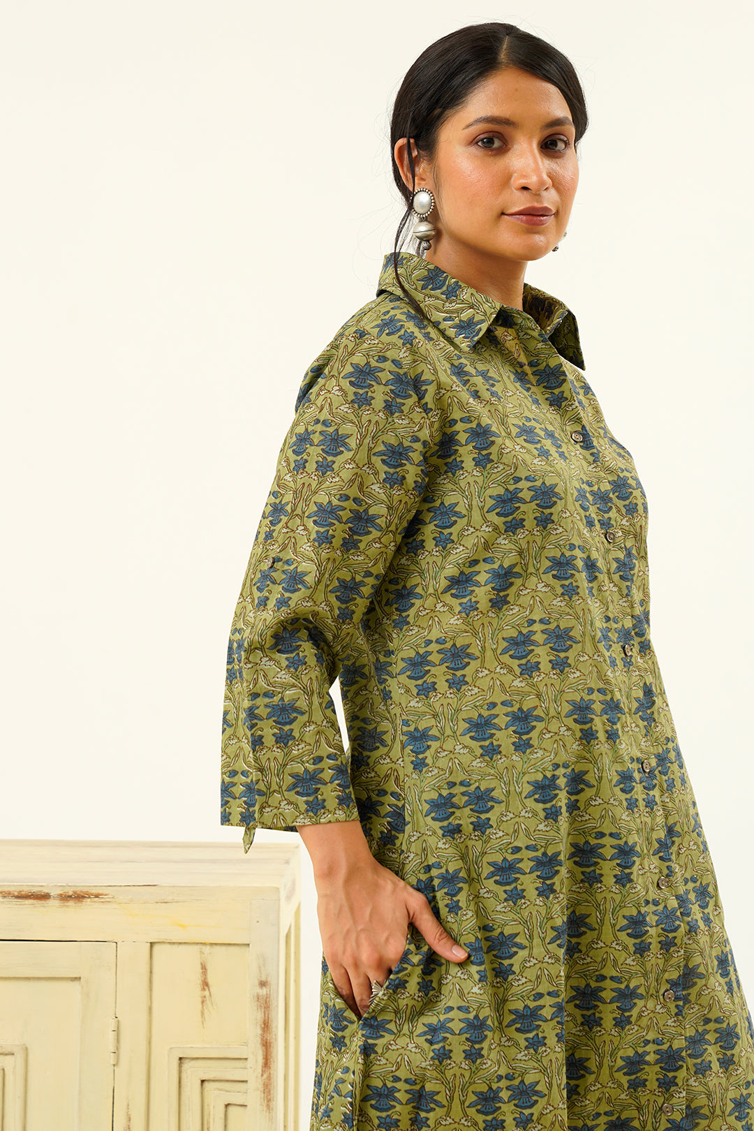 Aavya Olive Green hand block print Dress