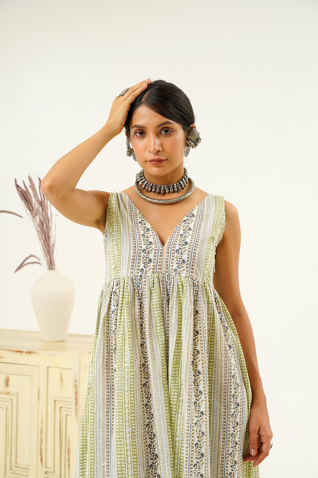 Buy Gulbahar Blue Cotton Block Print Maxi Dress For Women Online