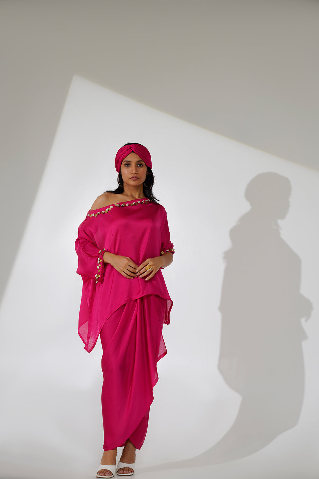 Dravya Skirt Dhoti with off Shoulder Embroidery Top Set-Hot Pink