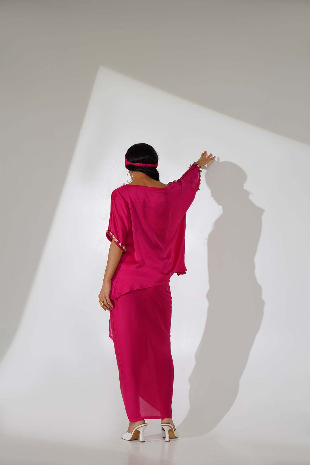 Dravya Skirt Dhoti with off Shoulder Embroidery Top Set-Hot Pink