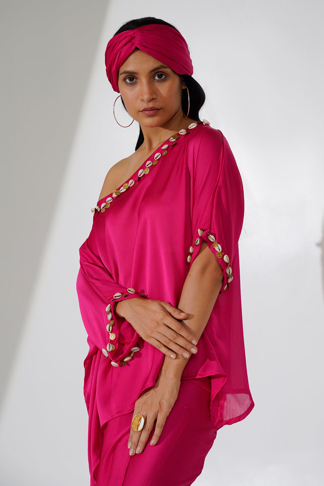 Dravya Skirt Dhoti with off Shoulder Embroidery Top Set-Hot Pink