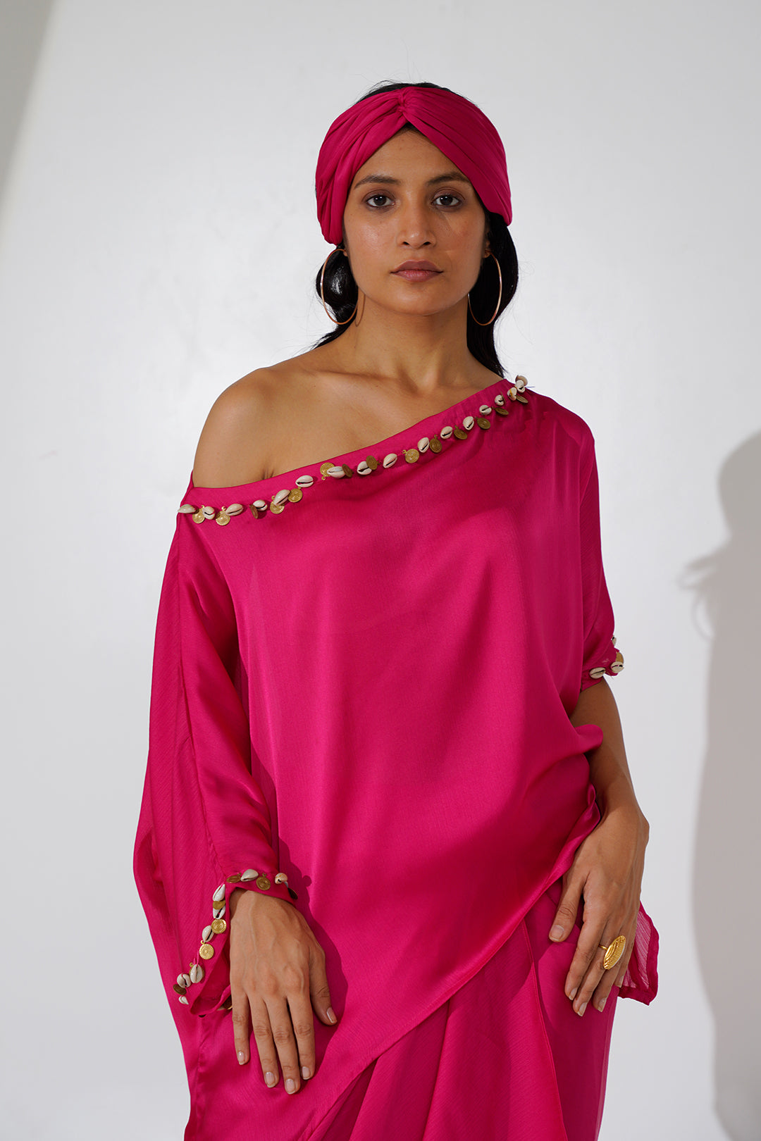 Dravya Skirt Dhoti with off Shoulder Embroidery Top Set-Hot Pink
