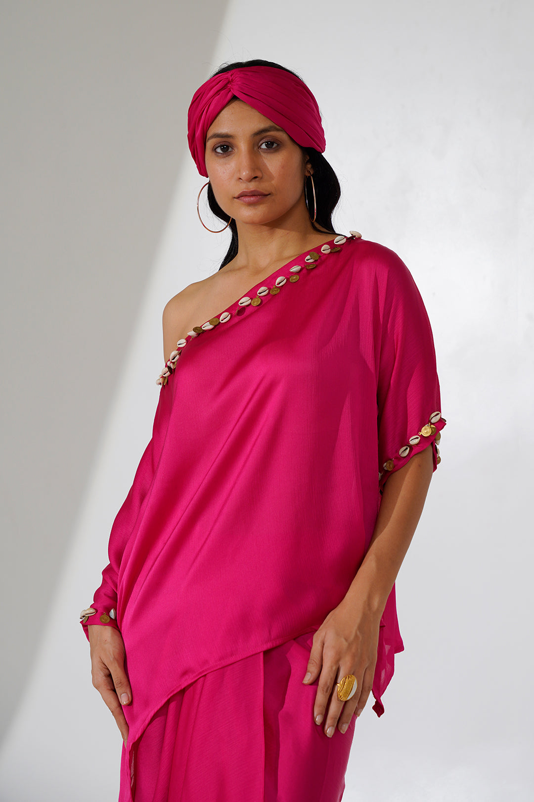 Dravya Skirt Dhoti with off Shoulder Embroidery Top Set-Hot Pink
