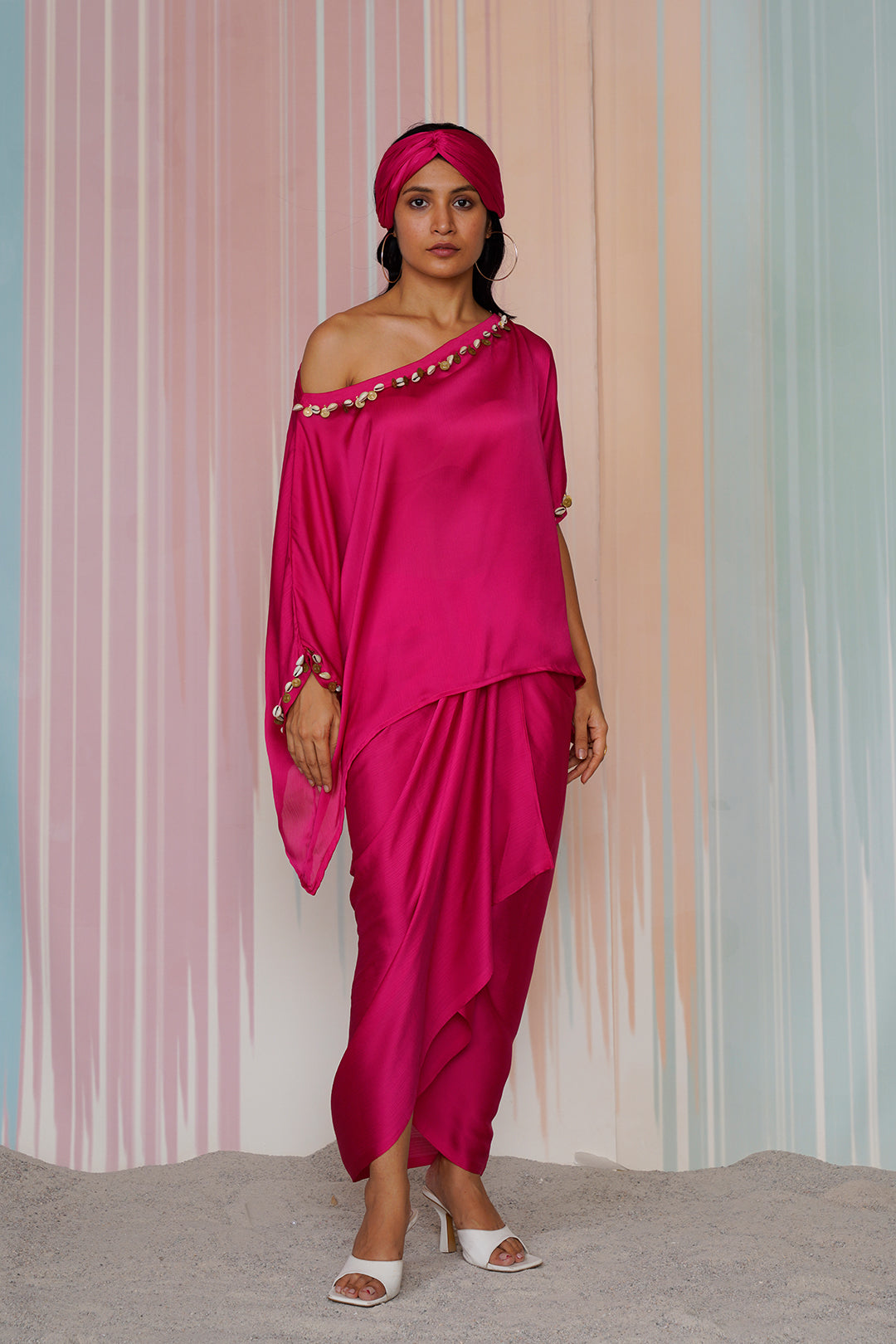 Dravya Skirt Dhoti with off Shoulder Embroidery Top Set-Hot Pink