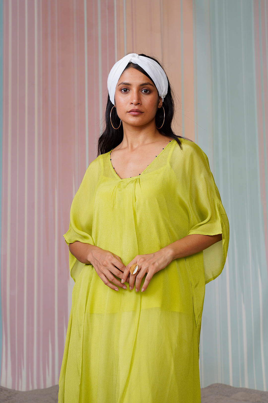 Varutri Bead Work  Chinon Kurta Set- Fluorescent Green