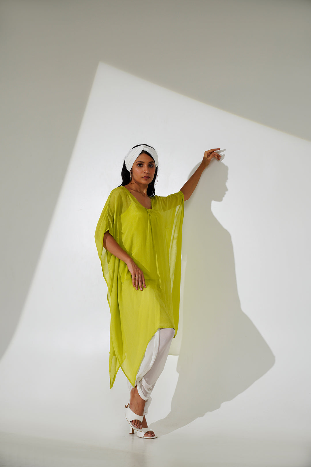 Varutri Bead Work  Chinon Kurta Set- Fluorescent Green