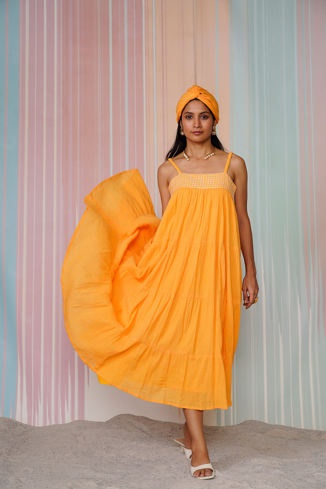 Navya Orange Flared Cotton Dress