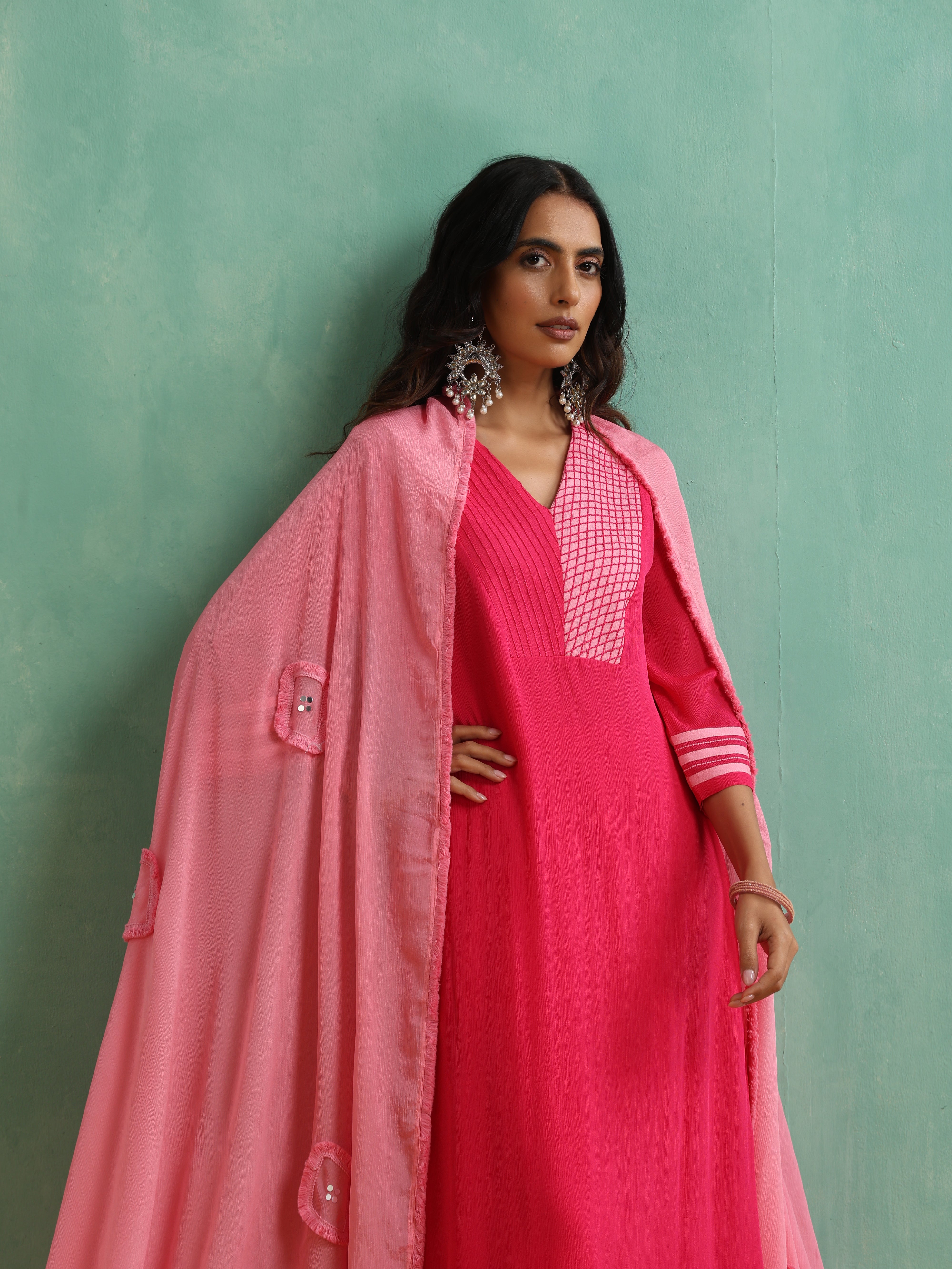 Dark Rani Pink Thread work Kurta Set