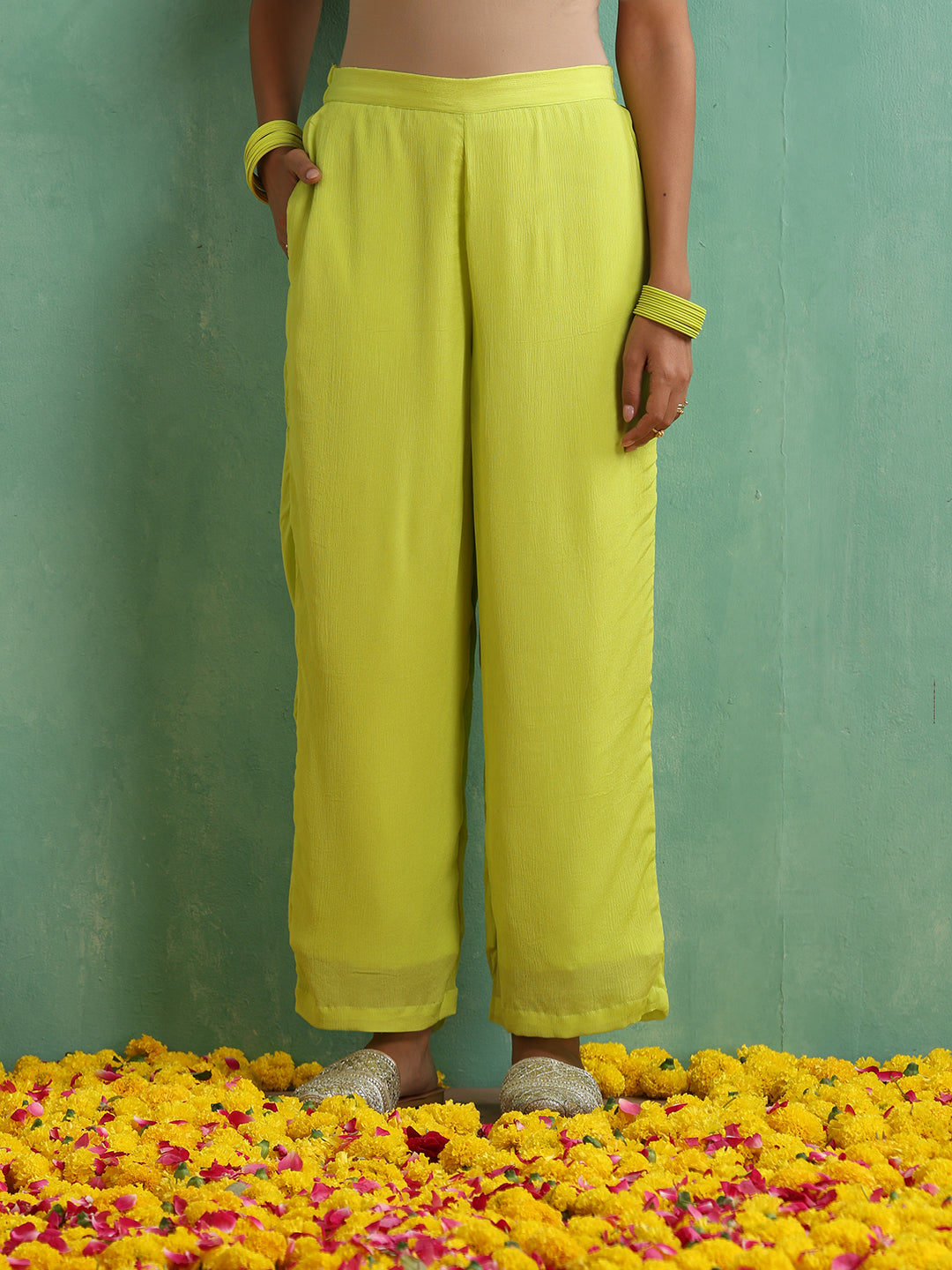 Florocent Green Lace work Antique Kurta Set