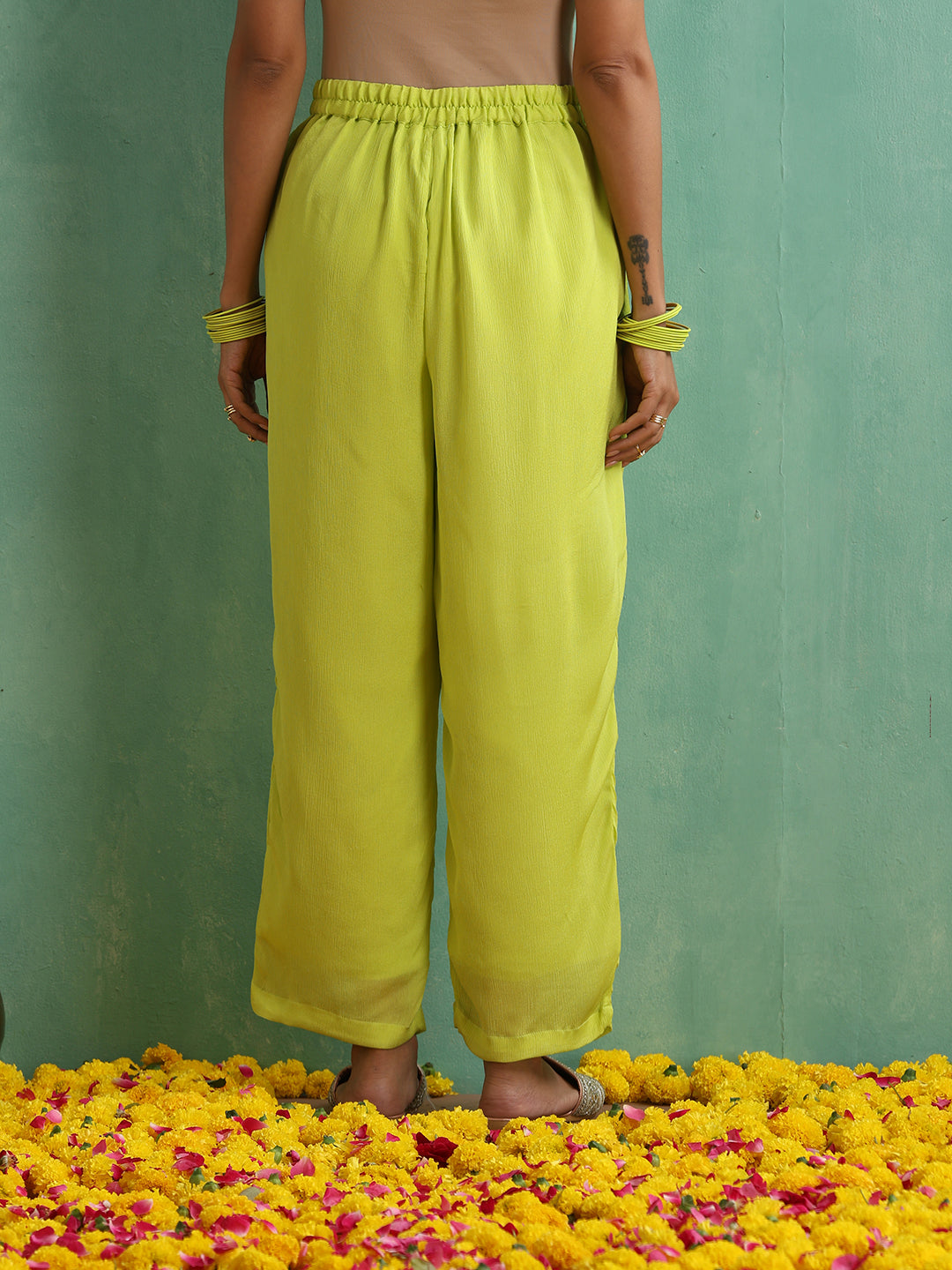 Florocent Green Lace work Antique Kurta Set