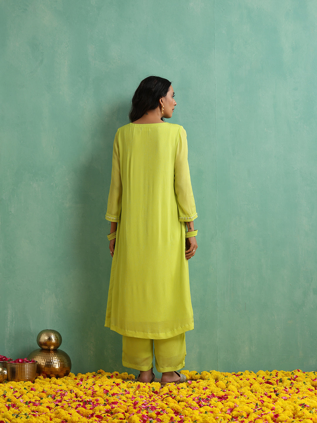 Florocent Green Lace work Antique Kurta Set