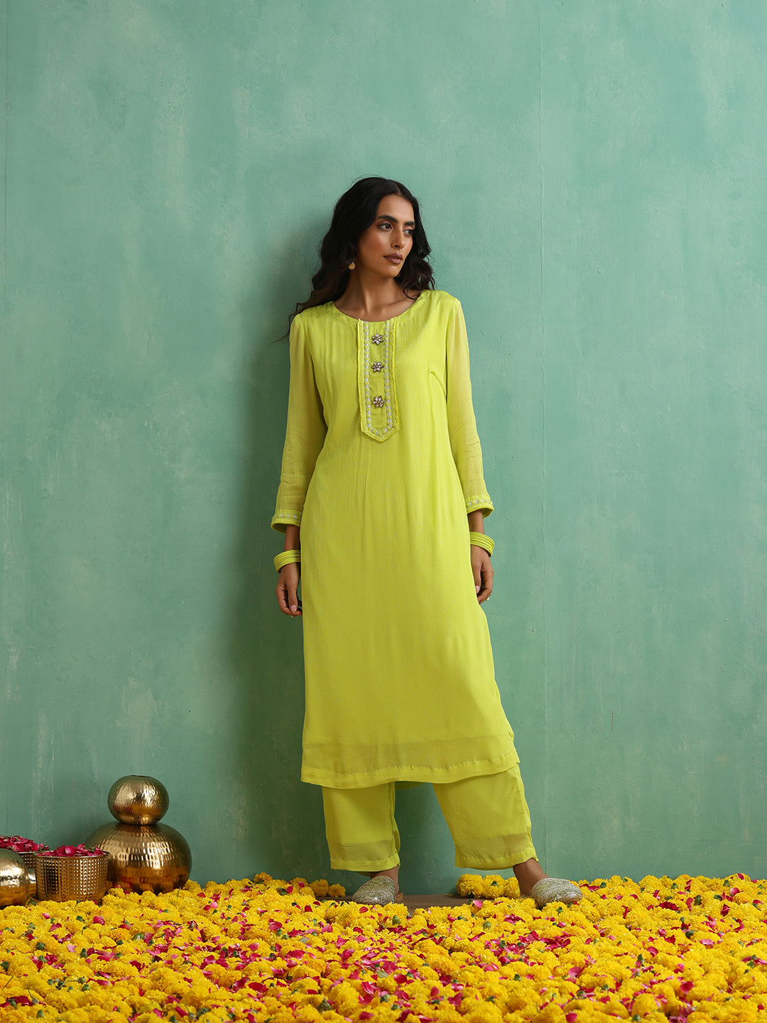 Florocent Green Lace work Antique Kurta Set